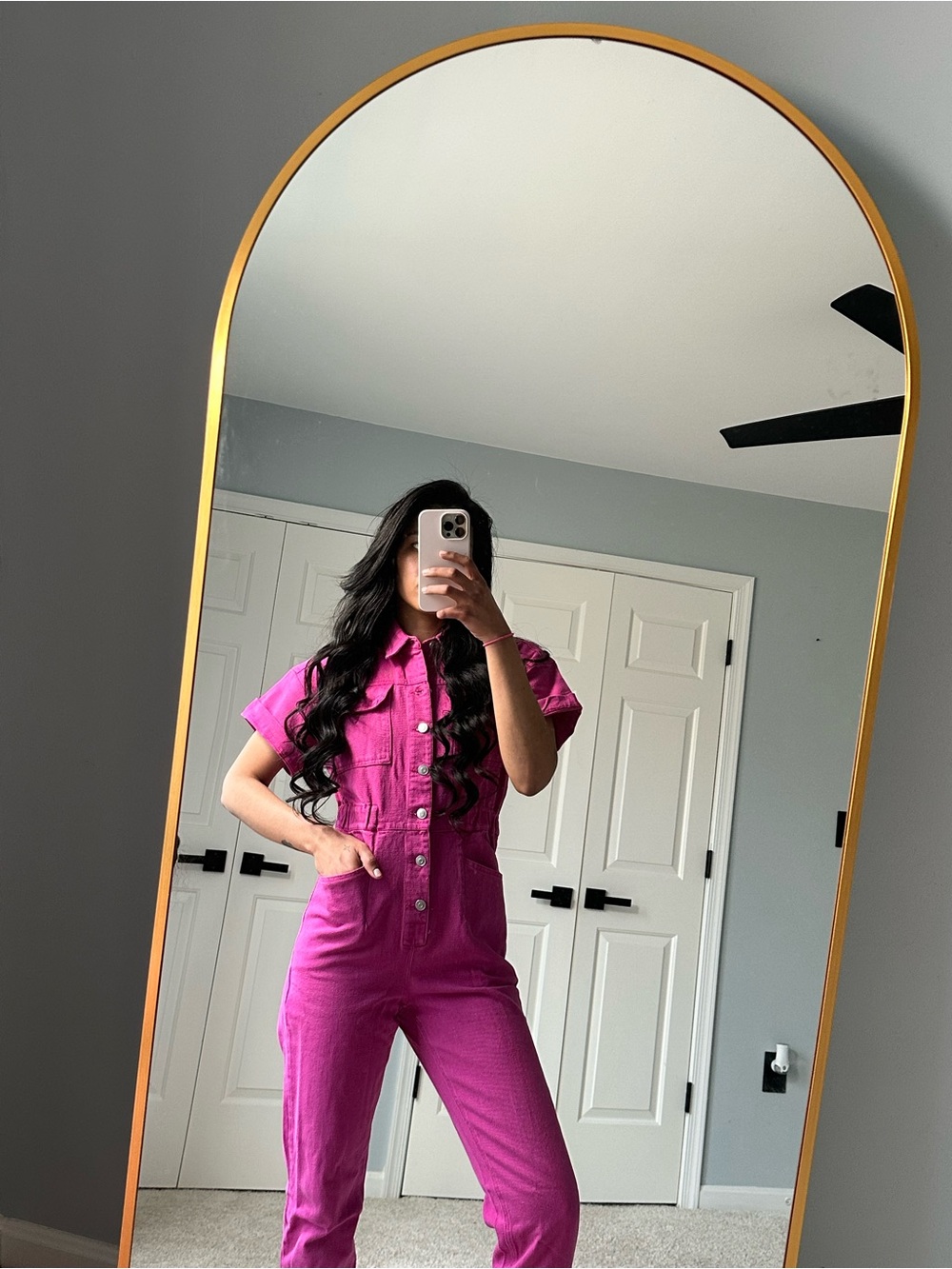 Women’s Hot Pink Short-Sleeve Jumpsuit